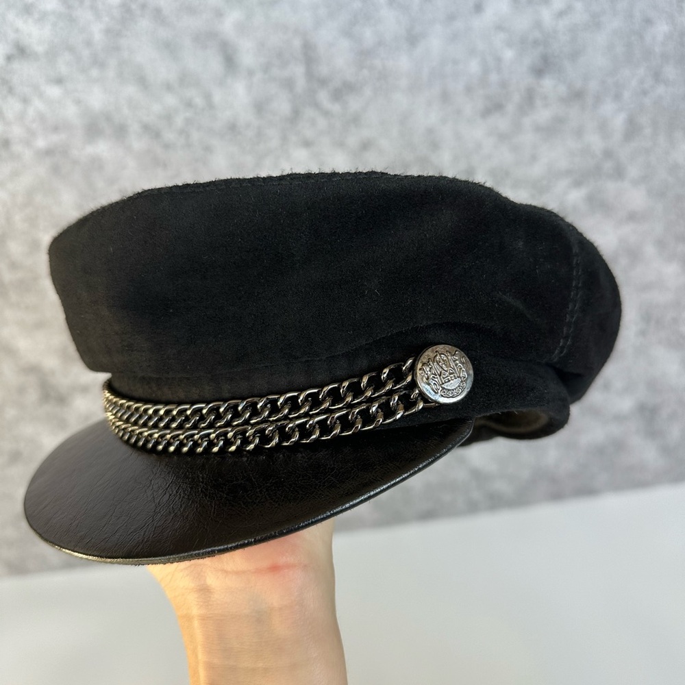 Black Baker Boy Cap with Chain Detail - Genuine Leather Brim